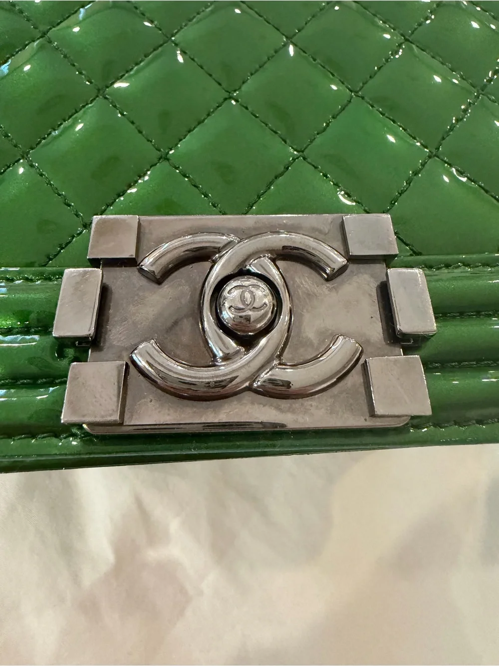 CHANEL Green Quilted Patent Leather Boy Bag with Silver Chain